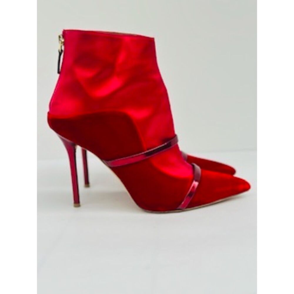 Malone Souliers Red Satin Metallic Trim Pointed Toe Bootie Heels Size 39